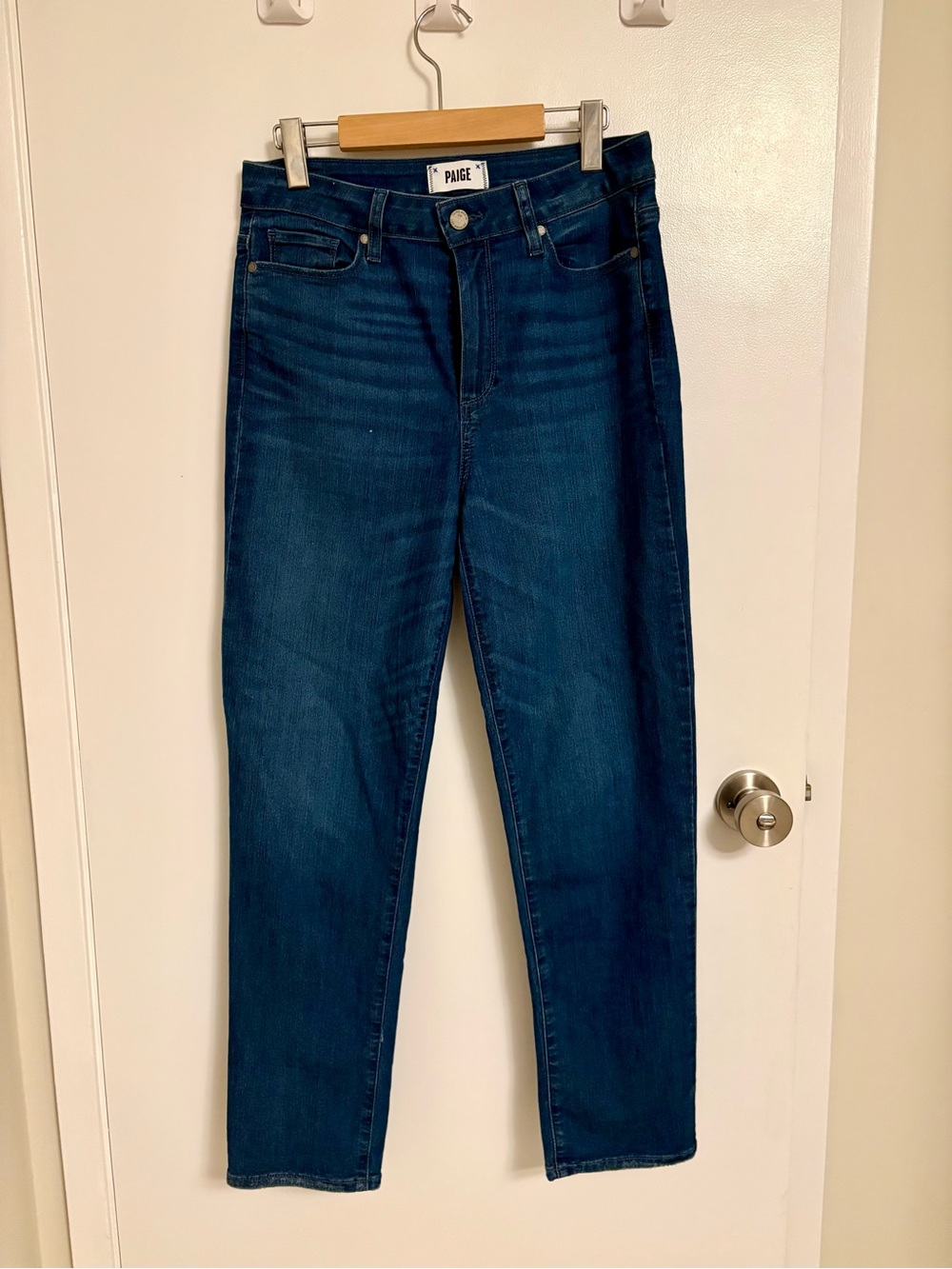 PAIGE Dark Blue High-Rise Straight Leg Jeans